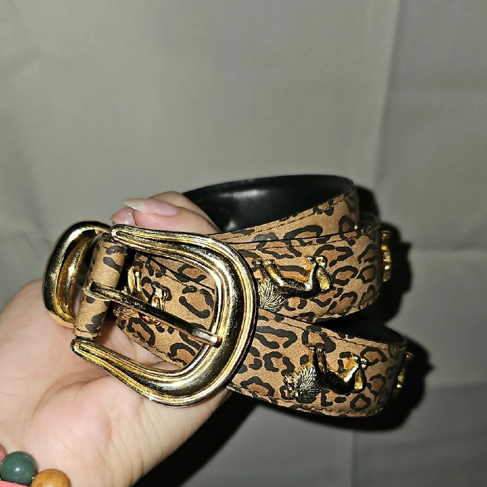 Leopard Print Belt with Gold Tone Accents Lion Studs Retro I6